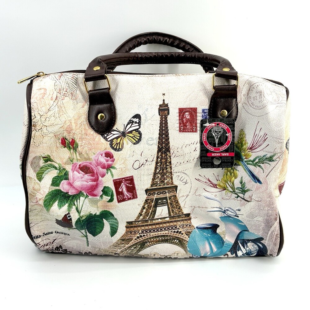 Paris Eiffel Tower Satchel Handbag NWT Novelty Print Roses Butterfly Large (St)